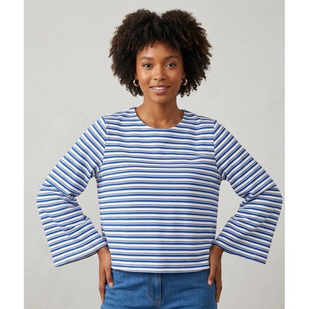 Pomander Place Striped Long Sleeve Top Small Blue Cream Knit Crewneck Stretch S